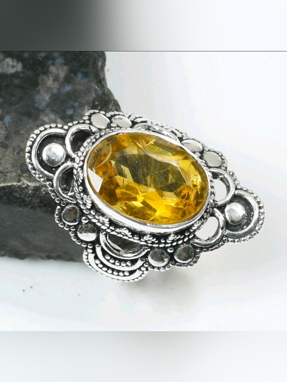 Handmade Silver Citrine-Inspired Statement Ring